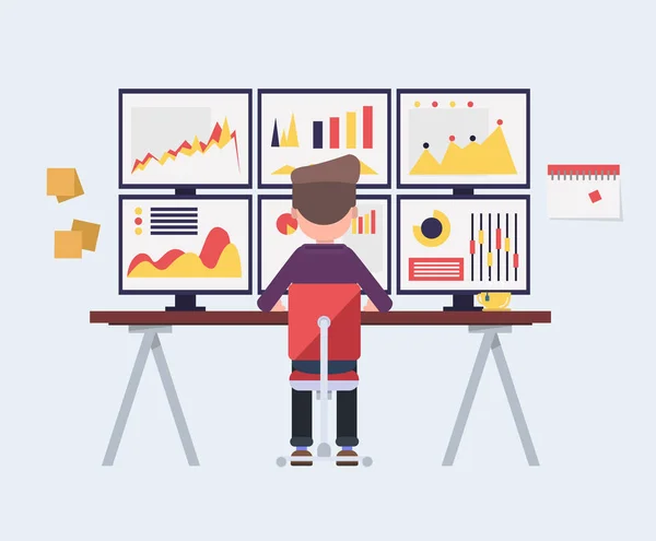 Analisi, analisi, rischi, statistiche, l'uomo d'affari è seduto davanti al computer davanti ai monitor . Grafiche Vettoriali