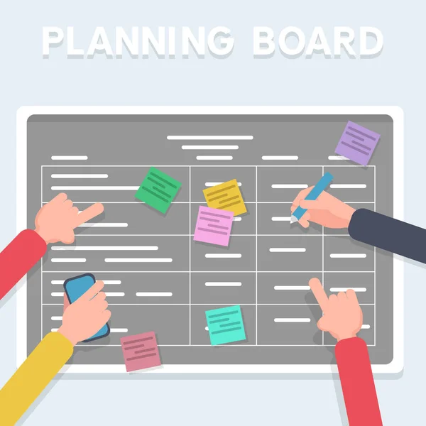 Business software development team planning iterations together. Scrum methodology task board full of tasks on sticky note cards. Hands sticking writing on blackboard. — Stock Vector