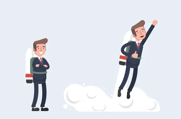 Creative vector flat character design on businessman using jet pack and lifts off the ground. Career boost concept illustration. Office worker flies off with rocket on his back — Stock Vector