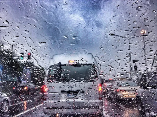 Traffic stands still on a rainy day