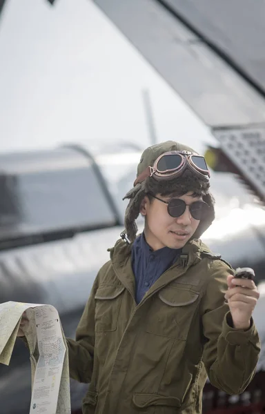 Close Asian Handsome Young Pilot Helmet Holding Map Looked Compass — Stock Photo, Image