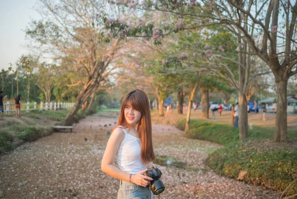 Hermosa mujer asiática fotógrafa sosteniendo asiento de la cámara de pie detrás de un árbol con la puesta del sol tiempo (enfoque selectivo ) —  Fotos de Stock