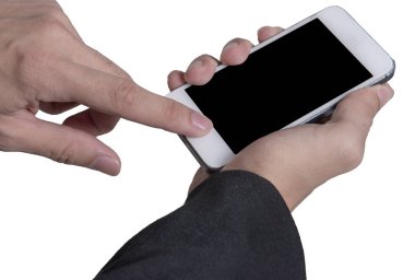 iş adamı cep telefonu tablet üzerinde izole beyaz arka plan ile tutarak closeup görüntü