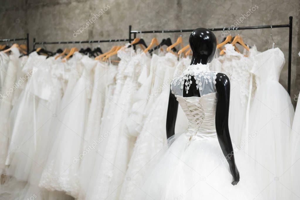 White wedding dresses are worn on mannequin or puppet wear to wait for the bride to wear.