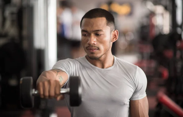 Muscular Constructor Hombre Entrenando Cuerpo Con Mancuerna Gimnasio Moderno —  Fotos de Stock