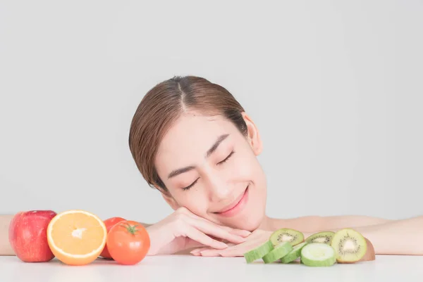 Beautiful Asia Woman Healthy Fruits Table White Background Skin Care — Stock Photo, Image