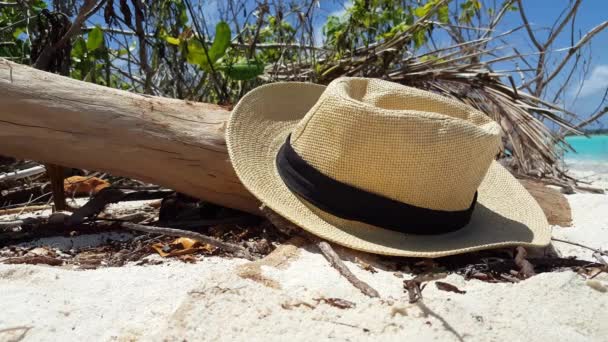 Halmhatt Vid Trasigt Träd Stranden Sommarscen Gili Trawangan Indonesien — Stockvideo