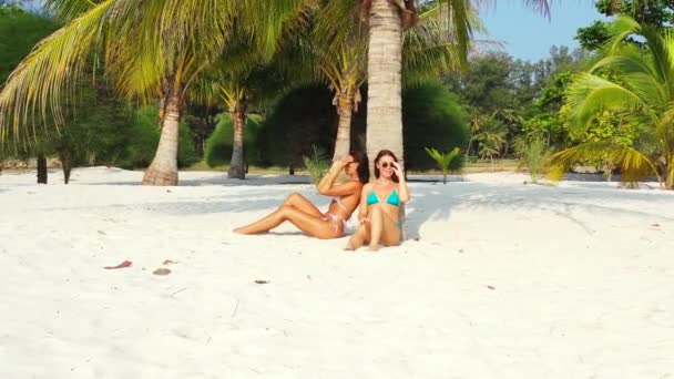 两个穿着比基尼的年轻女友坐在棕榈树和日光浴下的沙滩海岸上 美丽的女人在热带度假胜地休息 — 图库视频影像