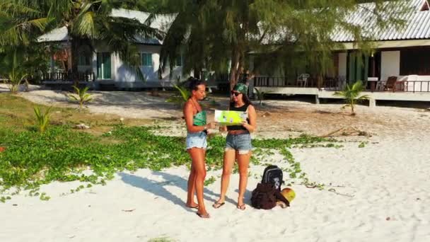 Две Юные Подруги Стоящие Песчаном Побережье Багажом Рядом Смотрят Карту — стоковое видео