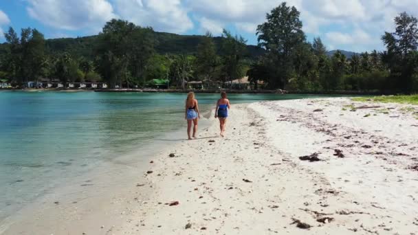 Vista Las Niñas Caminando Playa Arena Hablando Algo — Vídeo de stock