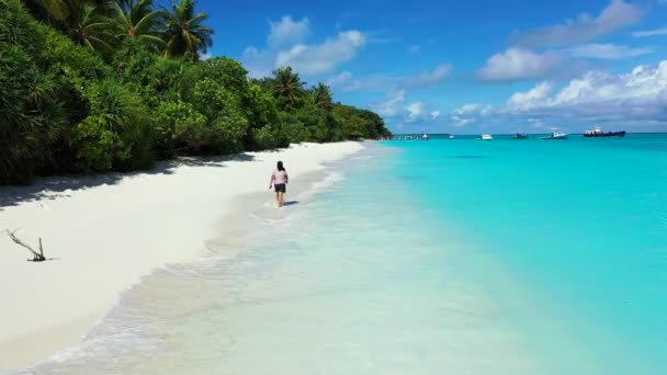 Letecký Pohled Krásnou Tropickou Pláž Modrý Oceán Chodící Ženou Pláž — Stock video