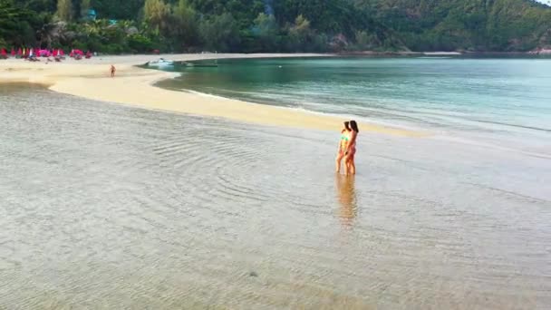 Duas Jovens Amigas Biquíni Andando Água Mar Mulheres Bonitas Descansando — Vídeo de Stock