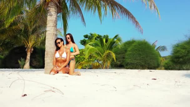 两个穿着比基尼的年轻女友坐在棕榈树和日光浴下的沙滩海岸上 一个女孩把防晒霜弄脏了她的女朋友 美丽的女人在热带度假胜地休息 — 图库视频影像