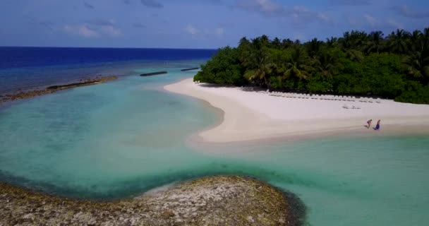 Aerial Video Tropical Island White Sandy Beach Palm Trees Turquoise — Stock Video