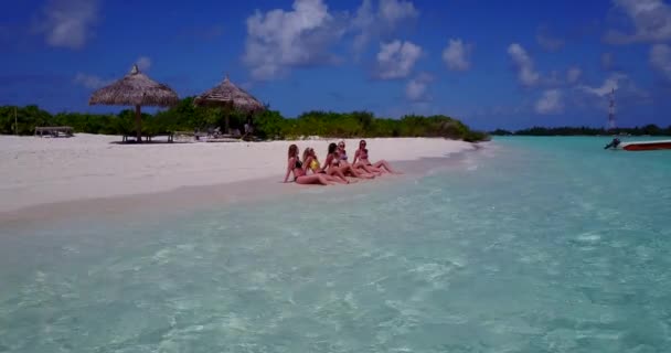 모래사장에 일광욕을 즐기는 비키니를 소녀들의 — 비디오