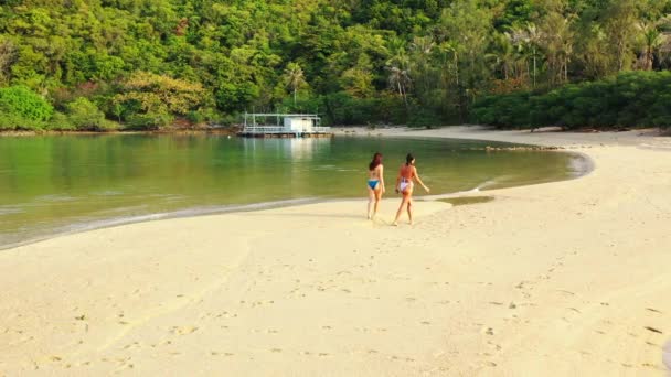 Zwei Junge Freundinnen Bikini Spazieren Einem Schönen Tag Der Küste — Stockvideo