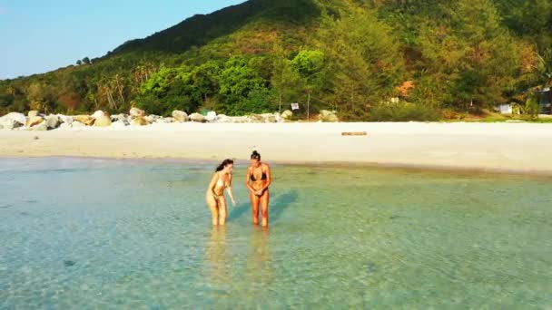 Dos Amigas Jóvenes Paradas Agua Mar Nadando Hermosas Mujeres Descansando — Vídeo de stock