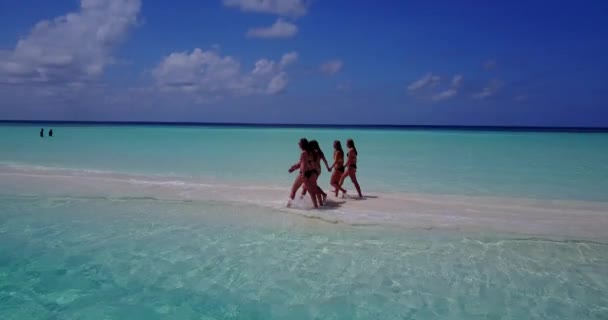 Vídeo Meninas Bronzeadas Biquíni Andando Sobre Foice Mar Mãos Dadas — Vídeo de Stock