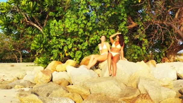 Duas Jovens Amigas Biquíni Sentadas Grandes Pedras Costa Mar Tomando — Vídeo de Stock