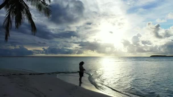 Mujer Tomando Fotos Playa Atardecer — Vídeo de stock