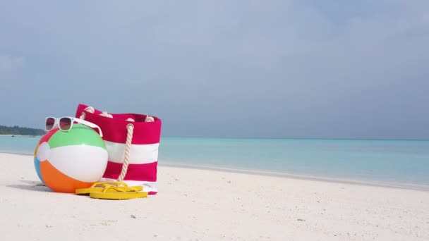 Sac Plage Avec Lunettes Soleil Tongs Jouet Balle Sur Côte — Video