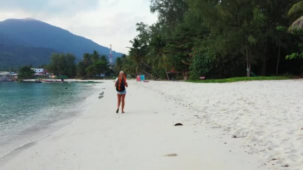 Uitzicht Een Meisje Dat Het Zandstrand Loopt — Stockvideo