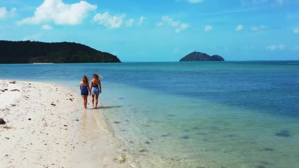 Vista Meninas Andando Praia Areia Falando Sobre Algo — Vídeo de Stock