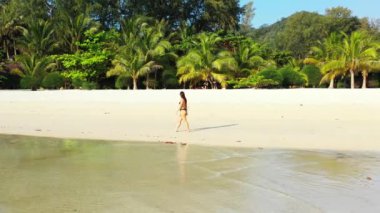 Tropik adanın kıyılarında mayo giymiş güzel genç bir kadının videosu. 