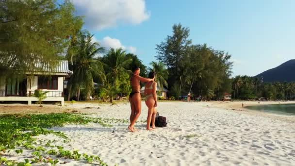 砂の海の海岸 日光浴や話に立って2人の若い女の子の友人 ある女の子が女の子の友人に太陽のクリームを塗りました 熱帯リゾートにいる美しい女性 — ストック動画