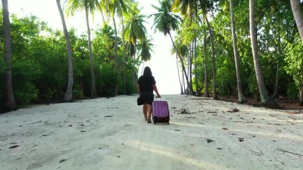 Woman Tourist Walking Tropical Summer Vacation Suitcase Relaxing Travel Holidays — Stock Video