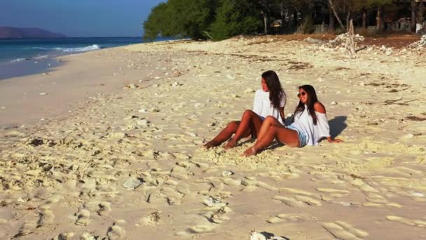 Όμορφα Δύο Κορίτσια Που Κάθονται Στην Αμμουδιά — Αρχείο Βίντεο