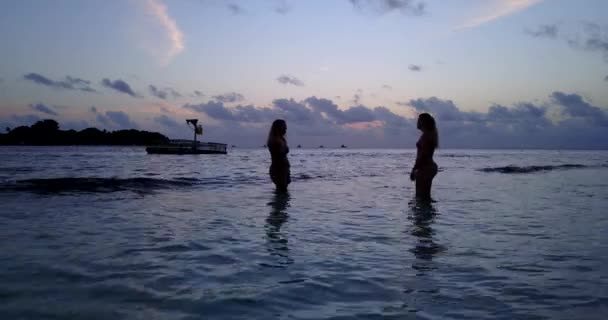 Séquences Silhouettes Filles Parlant Sur Mer Dans Soirée — Video