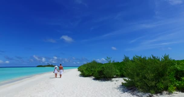 Bonita Pareja Disfrutando Vacaciones Exóticas Océano Claro Isla Playa Arena — Vídeos de Stock