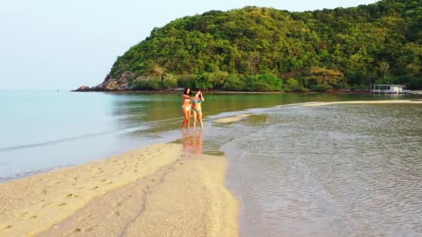 Dos Amigas Jóvenes Bikini Pie Agua Mar Haciendo Selfie Teléfono — Vídeo de stock