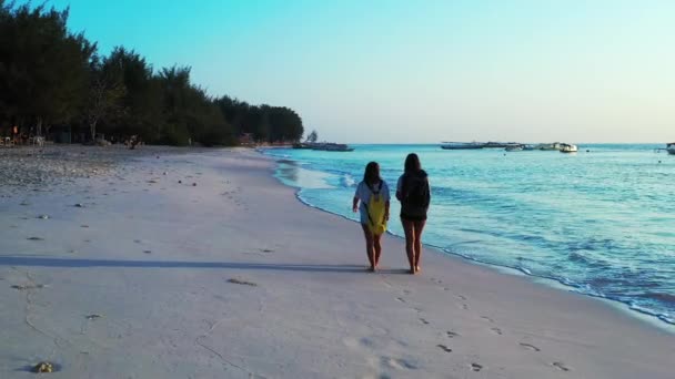 Meninas Andando Com Mochilas Praia Areia — Vídeo de Stock