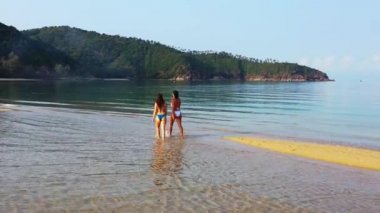 Deniz kıyısında yürüyen bikinili iki genç kız arkadaş. Tropik tatil köyünde dinlenen güzel kadınlar    