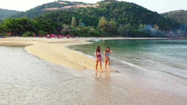 Duas Jovens Amigas Biquíni Andando Costa Mar Mulheres Bonitas Descansando — Vídeo de Stock