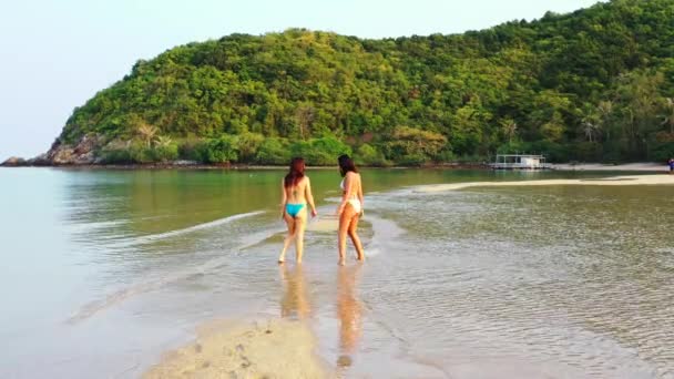 Deniz Suyunda Yürüyen Bikinili Iki Genç Kız Arkadaş Bir Kız — Stok video