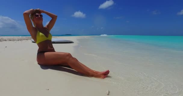 Giovane Donna Bionda Che Gioca Con Capelli Seduta Sulla Spiaggia — Video Stock