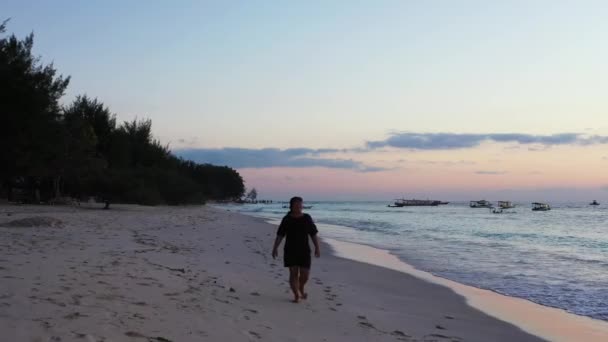 Conceito Viagem Tropical Mulher Uma Praia Paradisíaca Durante Pôr Sol — Vídeo de Stock