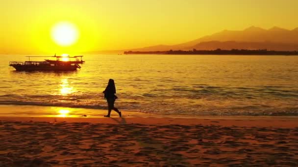 Силует Жінки Йде Пляжі Під Час Заходу Сонця — стокове відео