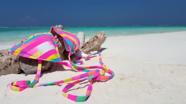 Gestreepte Bikini Met Gebroken Boom Het Strand Reis Naar Bora — Stockvideo