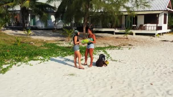 Dwie Młode Dziewczyny Stojące Piaszczystym Wybrzeżu Morza Bagażem Obok Nich — Wideo stockowe