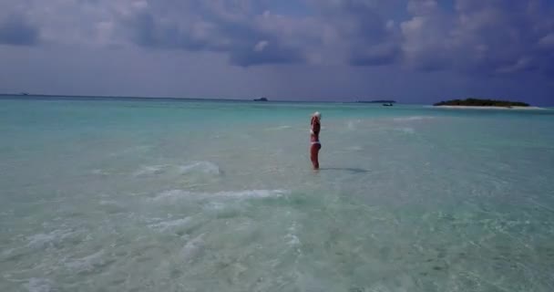 热带岛屿上穿着比基尼在水中行走的妇女的航拍照片 — 图库视频影像