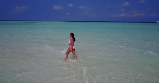 Vanuit Lucht Uitzicht Vrouw Bikini Wandelen Het Water Tropische Eilanden — Stockvideo