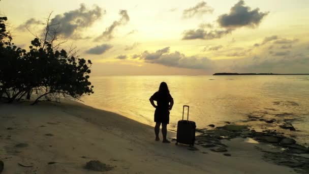 Silhouette Donna Con Bagaglio Spiaggia Tramonto — Video Stock