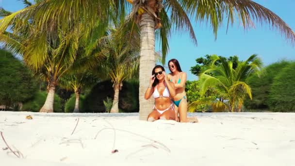 Дві Подруги Молодої Дівчини Бікіні Сидять Піщаному Узбережжі Моря Під — стокове відео