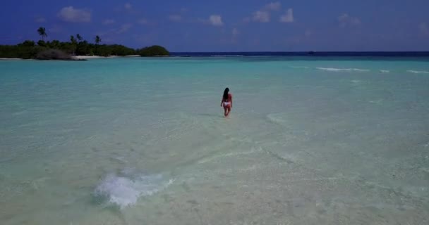 Vista Aerea Della Donna Bikini Che Cammina Acqua Alle Isole — Video Stock