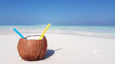 Kumsalda pipetli hindistan cevizi içeceği. Barbados, Karayiplere Seyahat.