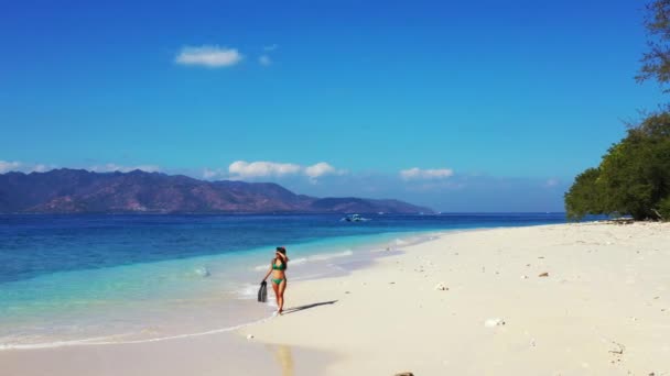 Mulher Andando Com Barbatanas Snorkel Máscara Férias Verão Viagens Férias — Vídeo de Stock